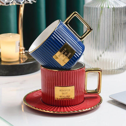 Ceramics Golden Handle Stripe Coffee Cup And Saucer Set