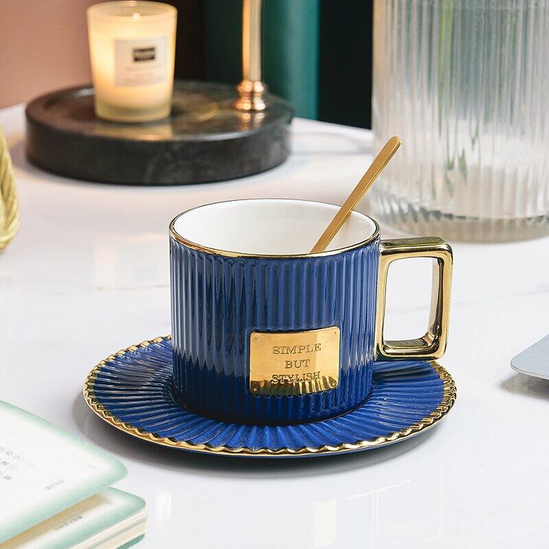 Ceramics Golden Handle Stripe Coffee Cup And Saucer Set