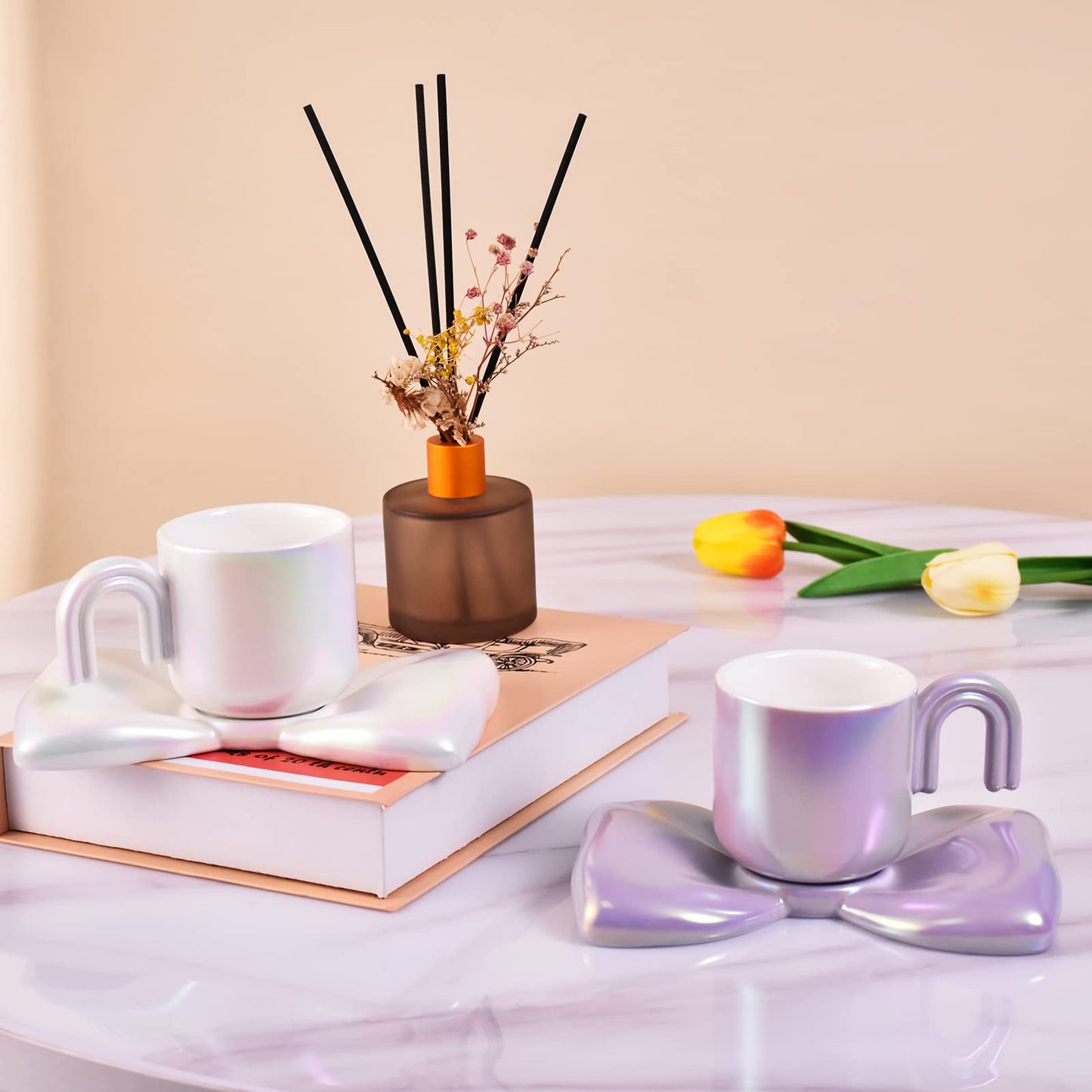 Bow Design Ceramic Coffee Mug And Saucer