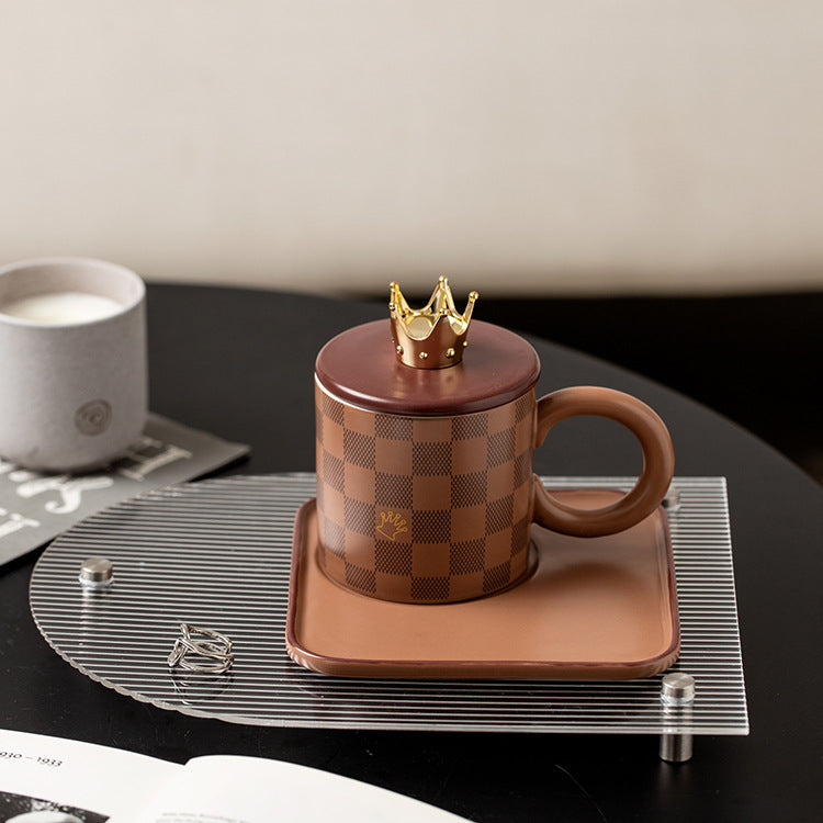 Checkerboard Ceramic Coffee Cup And Saucer With Lid