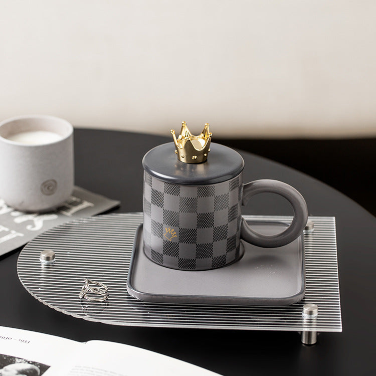 Checkerboard Ceramic Coffee Cup And Saucer With Lid