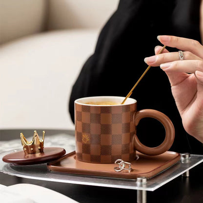 Checkerboard Ceramic Coffee Cup And Saucer With Lid