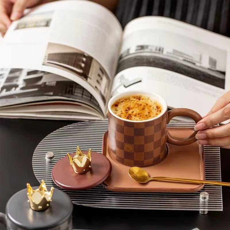 Checkerboard Ceramic Coffee Cup And Saucer With Lid