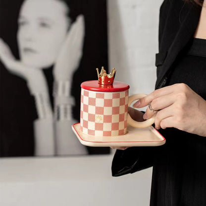 Checkerboard Ceramic Coffee Cup And Saucer With Lid