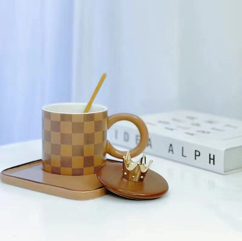 Checkerboard Ceramic Coffee Cup And Saucer With Lid