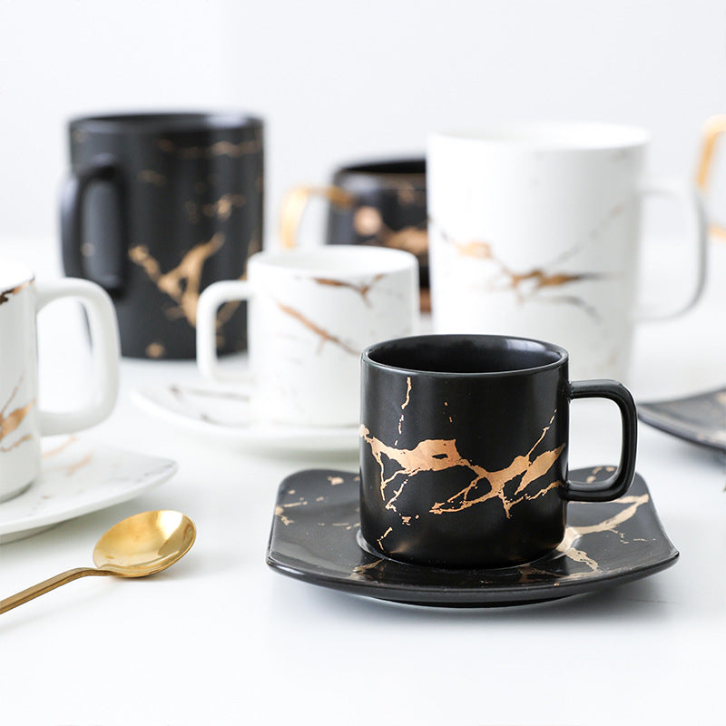 Light Luxury Gold-Painted Marble Pattern Ceramic Cup Coffee Cup Mug Saucer Set