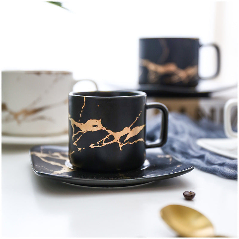 Light Luxury Gold-Painted Marble Pattern Ceramic Cup Coffee Cup Mug Saucer Set