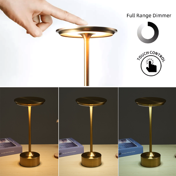 Metallic Cordless Table Lamp - Dimmable & Waterproof Portable LED Light